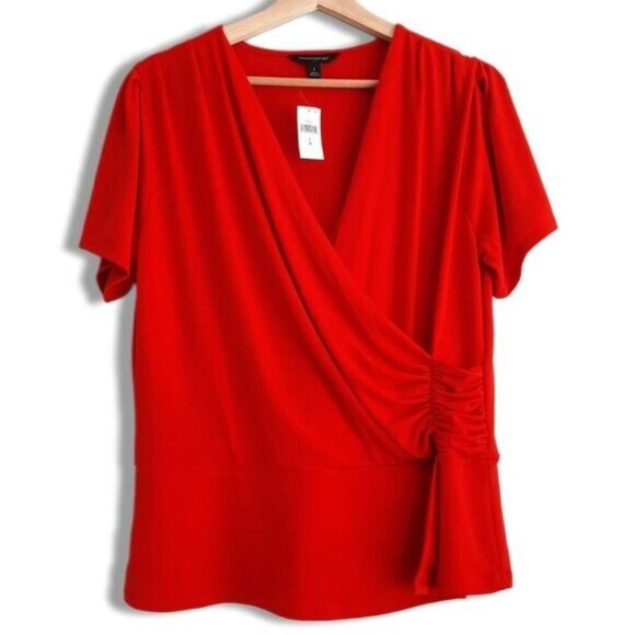 BANANA REPUBLIC Surplice Stretch Faux Wrap Blouse Top Red Sz L - Picture 1 of 11